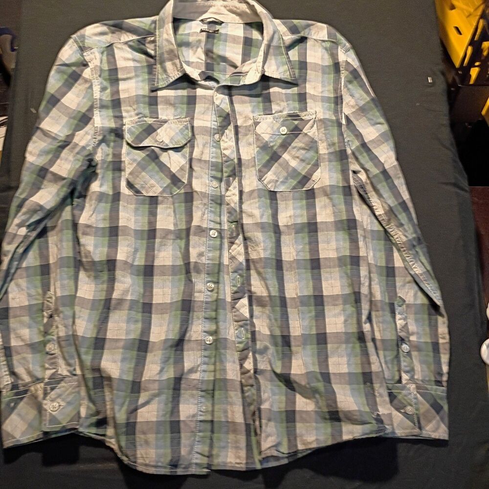 BKE Men’s L Blue Green Plaid Long Sleeve Button-Up Point Collar Woven Pockets